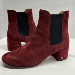 Coach Tia Boots High Heeled Ankle Bootie Slip On Suede Shoes Wine Red Size 9